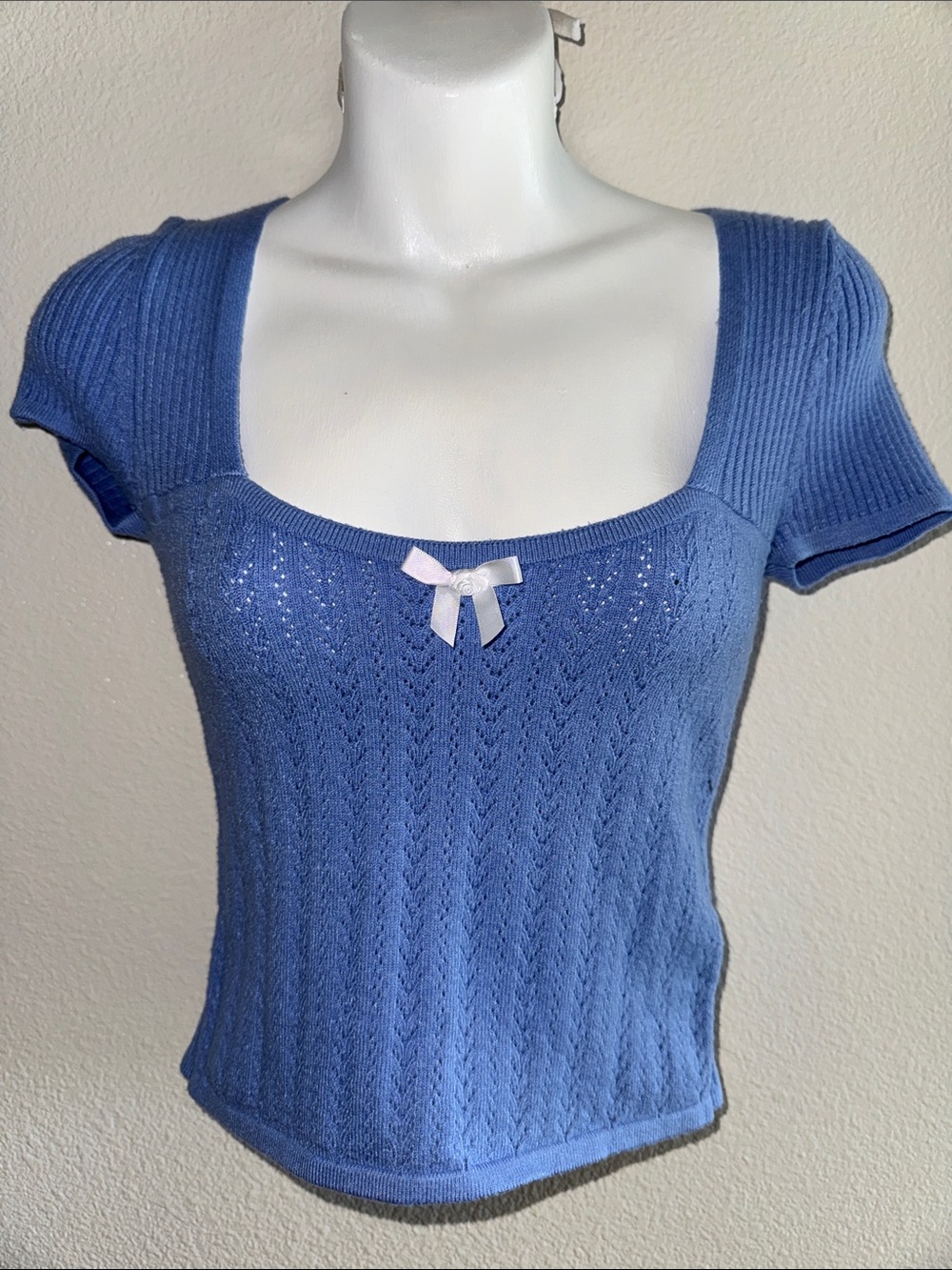 Cottage core  Blue Ribbed Crop Top with Bow Detail